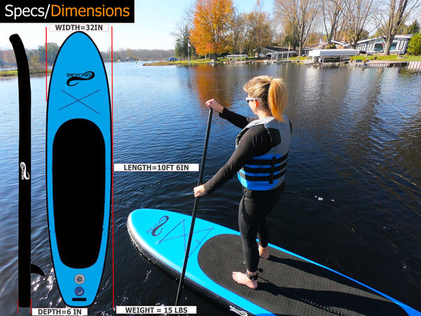 10ft-6in Inflatable blow up paddle board with 3-piece paddle dimensions