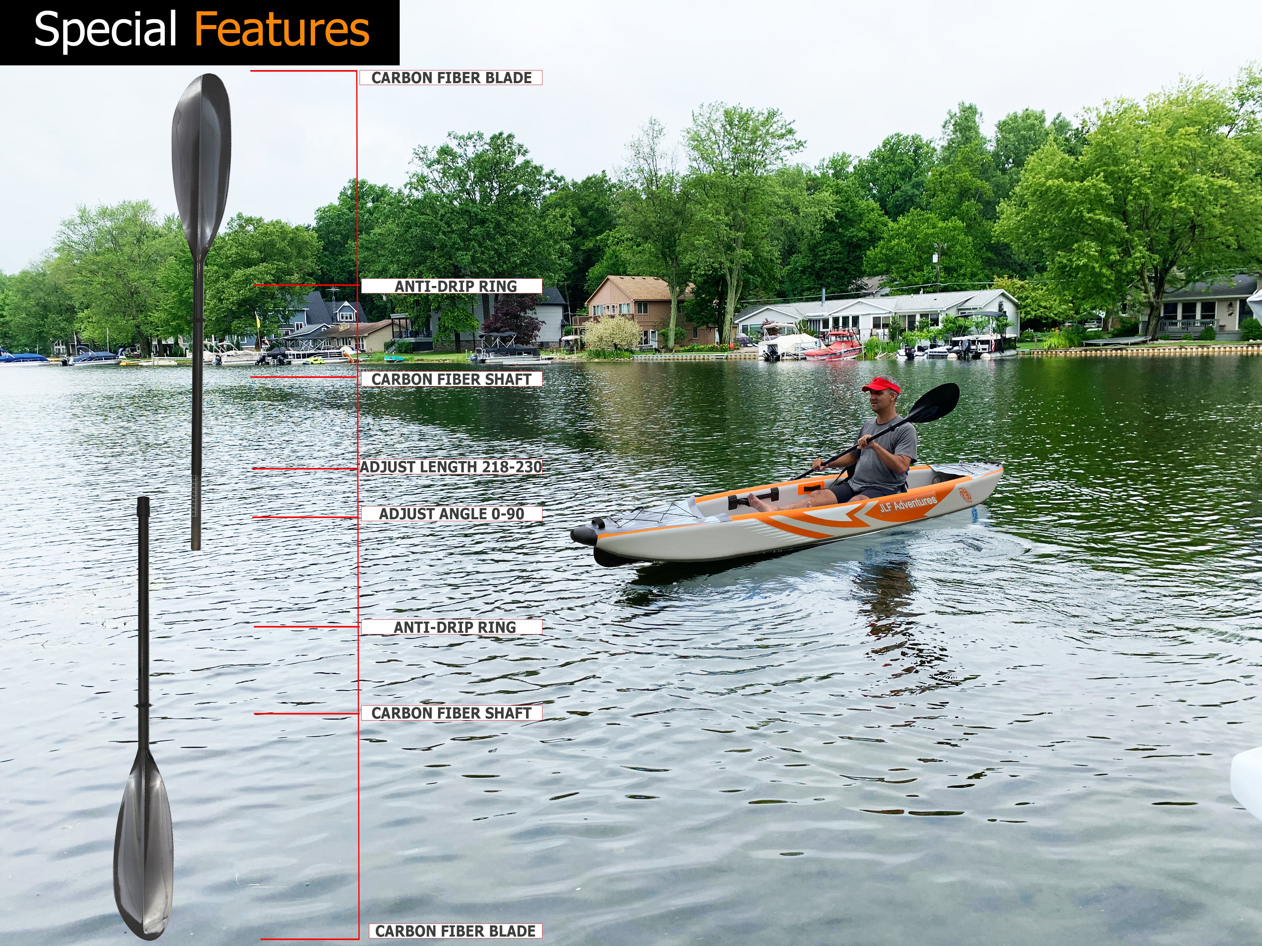 JLF 2-Piece Adjustable Kayak Paddle with Carbon Fiber Shaft, Carbon Fiber  Blade and Bag